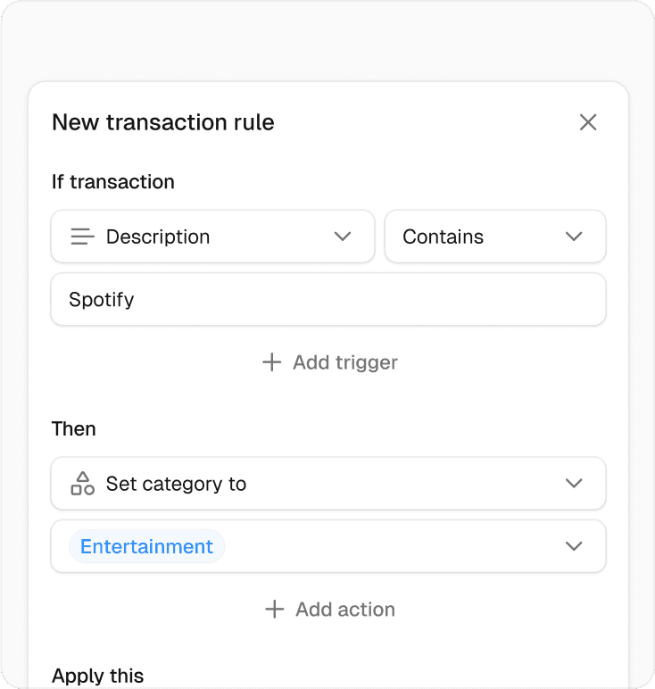 Transaction rules automation interface