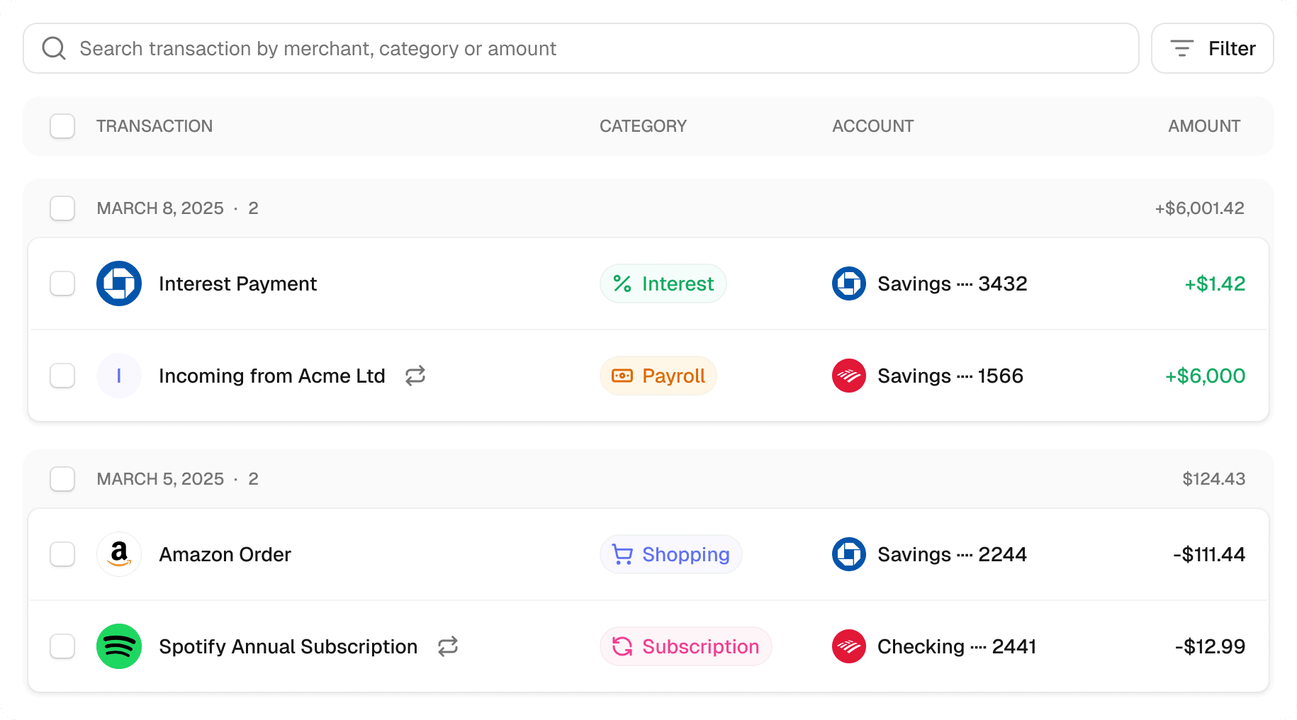 Transactions interface showing transaction management